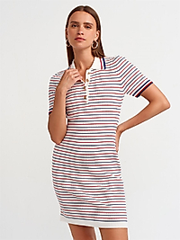 DİLVİN POLO YAKA ÇİZGİLİ DÜĞMELİ TRİKO ELBİSE