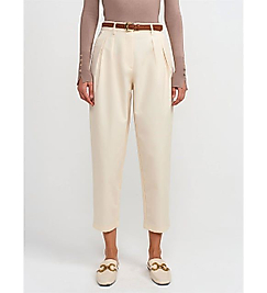 DİLVİN KEMERLİ PAMUK KARIŞIMLI PANTOLON EKRU